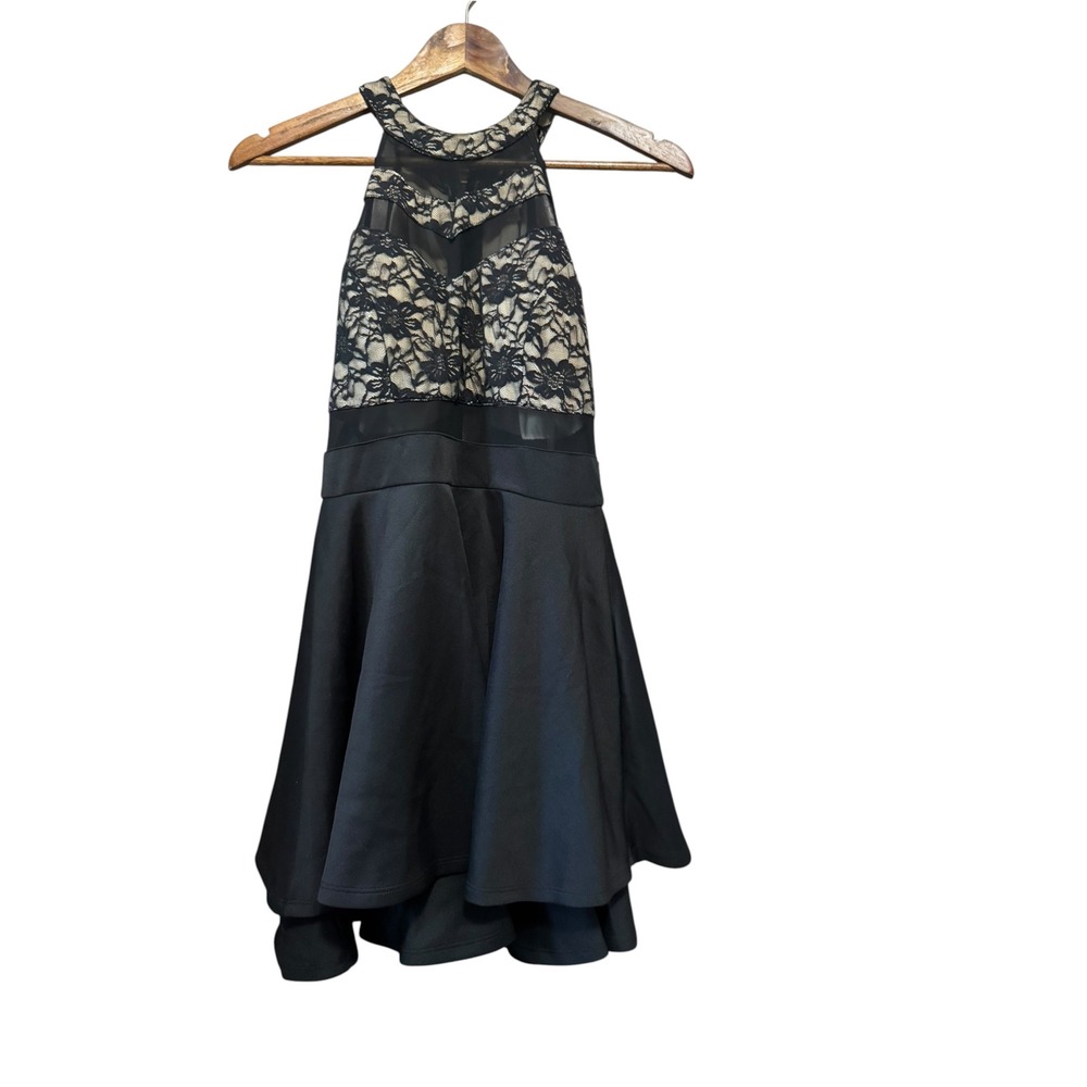 Emerald Sundae Dress Women Medium Black Lace Tiered Fit Flare Halter Mini EXCL